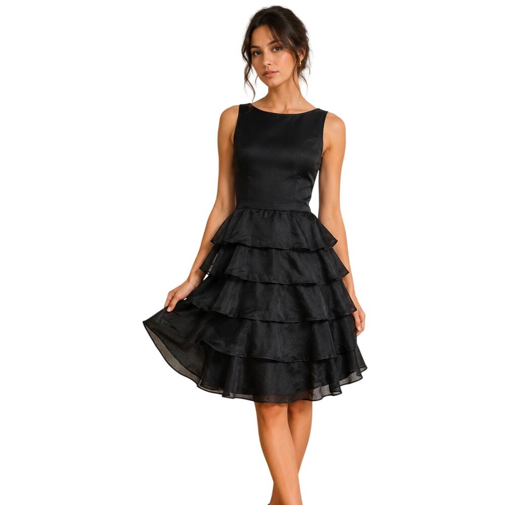 Zara Woman Black Silk Tiered Ruffle Cocktail Dress | Med LBD Romantic Fairygoth